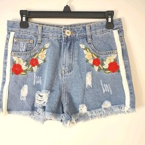 Embroidered Distressed Denim Shorts